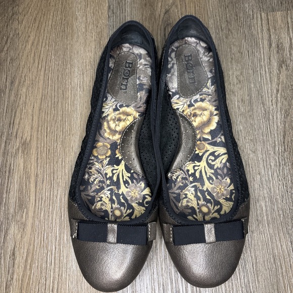 Born Womens Mardea Ballet Flat Size 9 Bronze Black Perf Suede Bow‎ Slip On Shoe - Picture 3 of 10